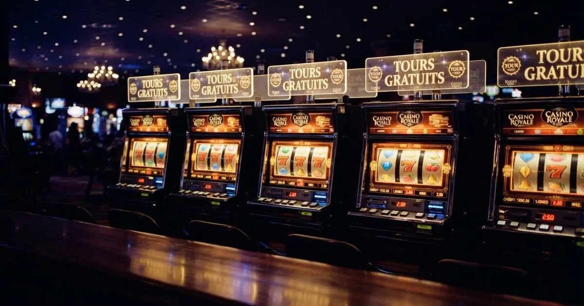 Une rangée de machines à sous en ligne affichant des bannières « tours gratuits » et « sans dépôt », sur fond de casino numérique tamisé.