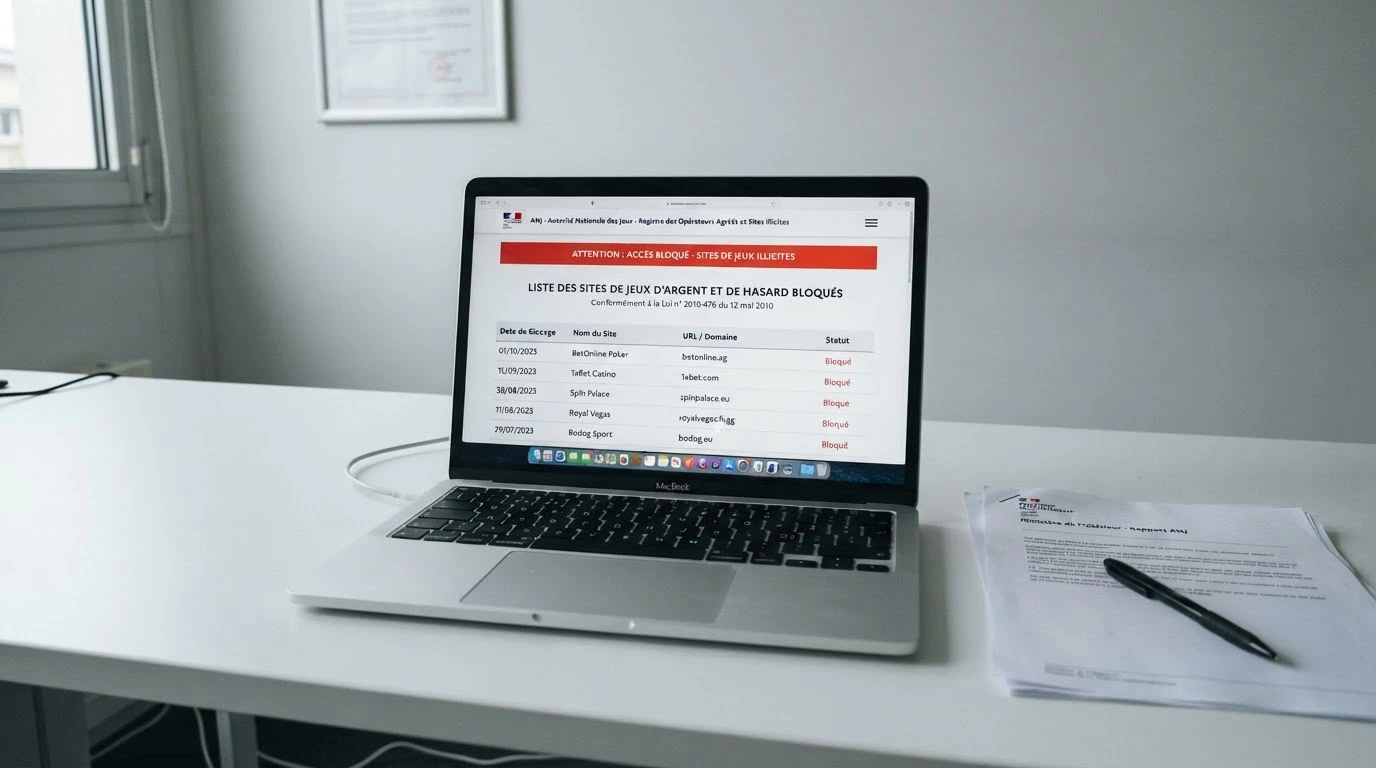 Capture d'écran de la page officielle de l'ANJ listant les sites de jeux d'argent bloqués et déréférencés en France