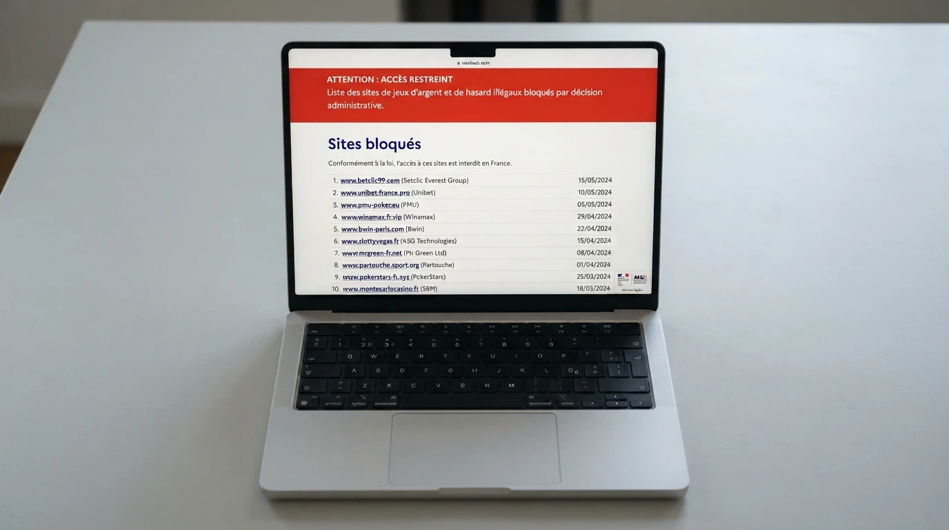 Interface du site de l'ANJ affichant la liste des sites de jeux d'argent bloqués et déréférencés, avec un bandeau d'avertissement officiel