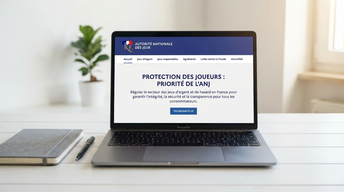 Page d'accueil du site anj.fr sur un écran d'ordinateur, le logo de l'Autorité nationale des jeux bien visible