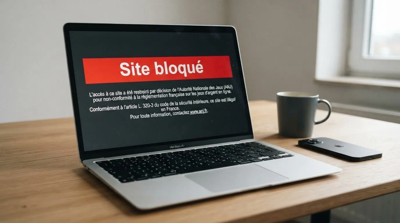 L'écran d'un ordinateur affichant le site de l'ANJ avec la mention « site bloqué » en rouge, devant une interface de casino en ligne grisée
