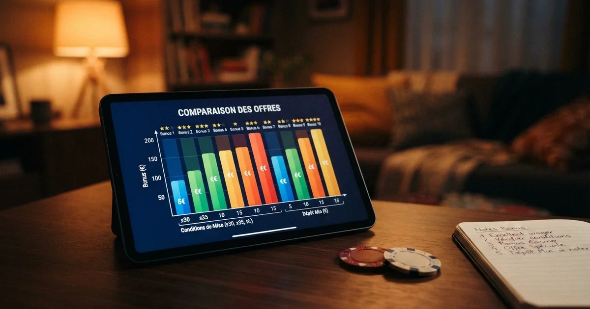 Tableau comparatif de casinos en ligne avec leurs licences, bonus et conditions de mise