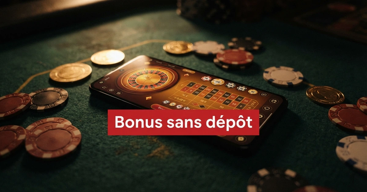 Écran de smartphone affichant une roulette de casino en ligne, avec un bandeau « bonus sans dépôt » superposé, sur fond de pièces de monnaie et de jetons éparpillés sur une table sombre.