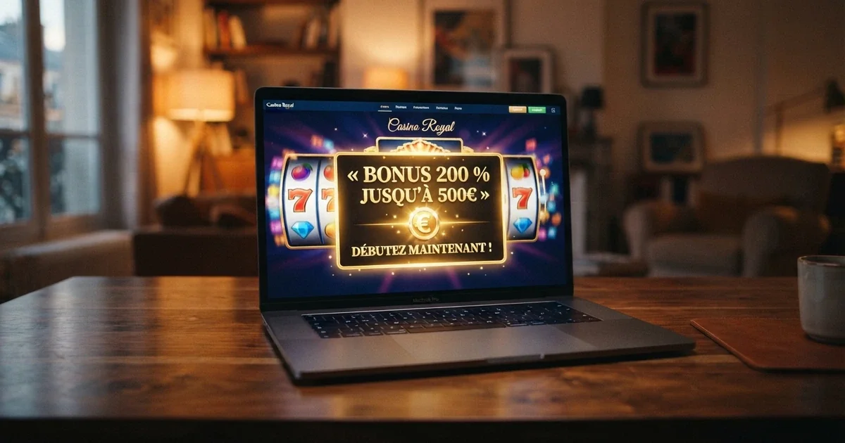 Interface d'un casino en ligne affichant une bannière de bonus de bienvenue à 200 % sur fond sombre