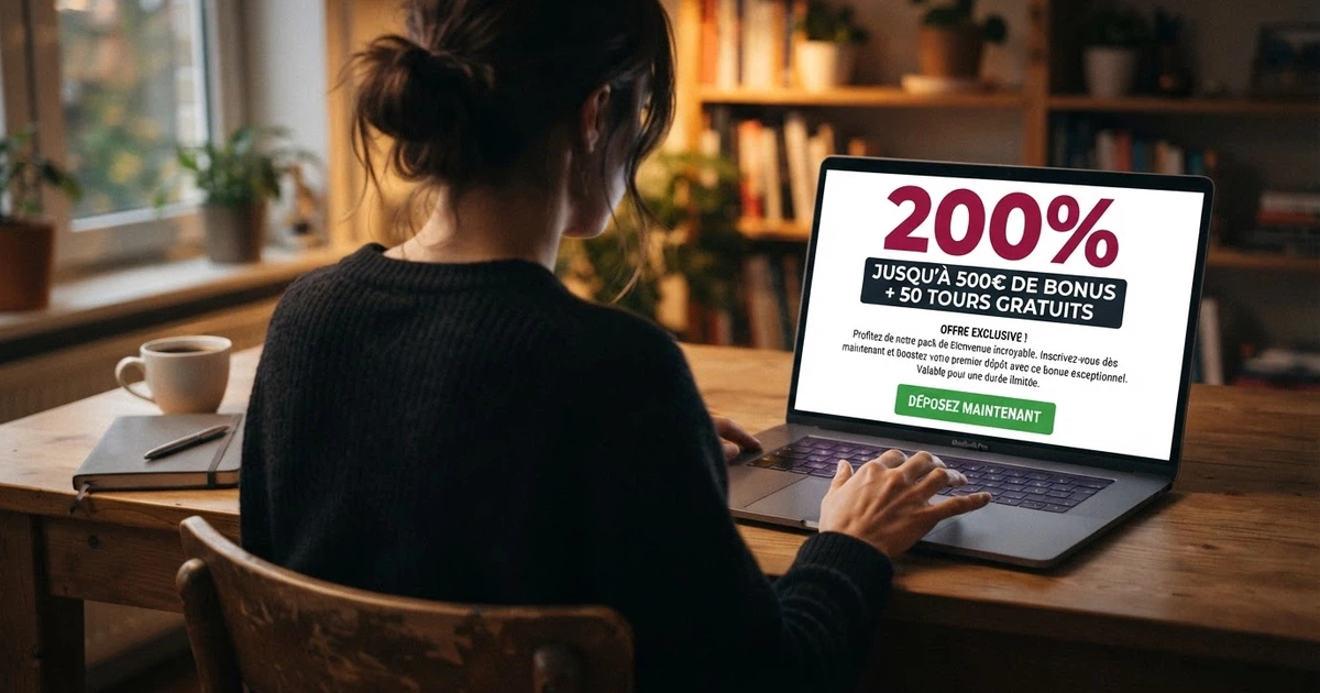 Un joueur français consultant une page de bonus casino sur son écran, l'air dubitatif devant un pourcentage affiché en gros caractères.