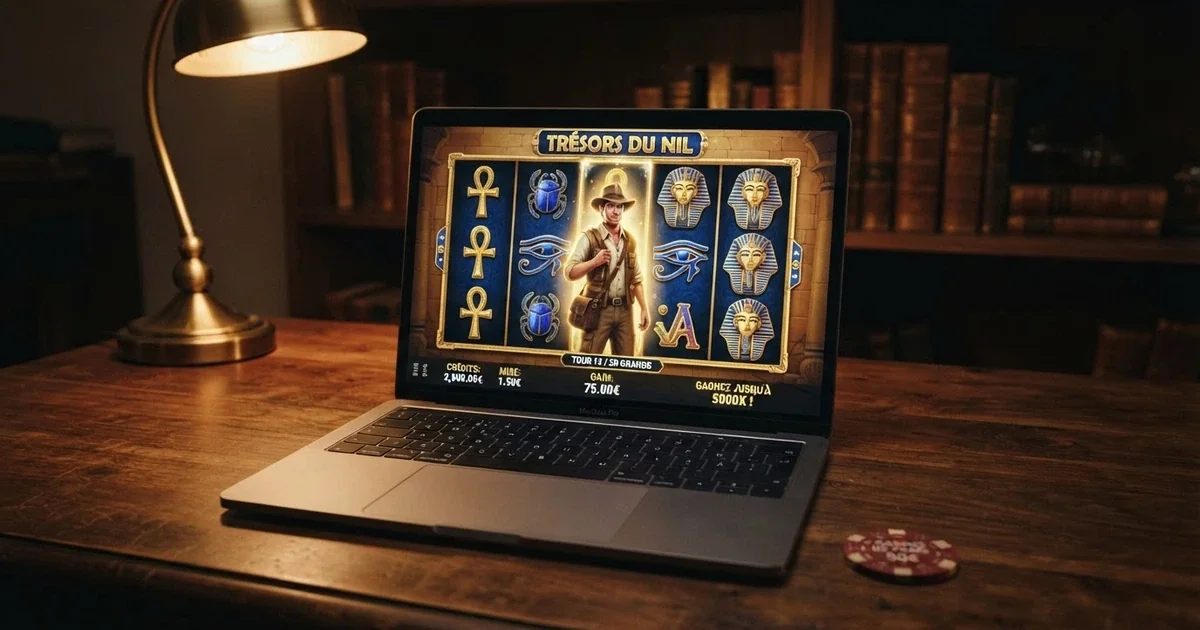 Machine à sous Book of Dead affichée sur l'écran d'un ordinateur portable, rouleaux visibles avec les symboles égyptiens, le personnage de Rich Wilde en vignette et le logo du jeu