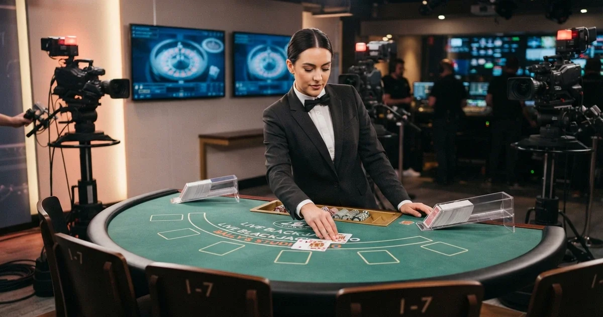 Une croupière en tenue professionnelle anime une table de blackjack dans un studio de casino en direct, écrans et caméras visibles en arrière-plan