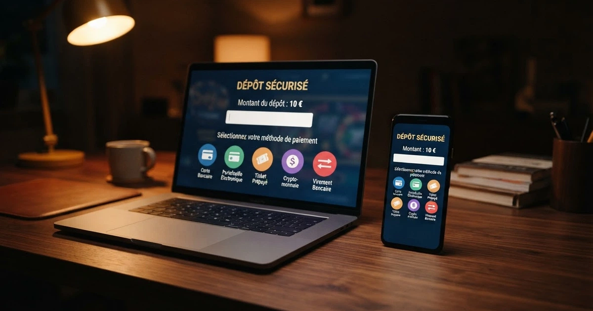 Interface d'un casino en ligne affichant les options de dépôt avec un montant minimum de 10 euros, visible sur un écran d'ordinateur et un smartphone côte à côte