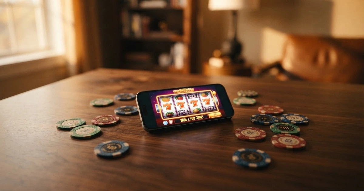 Comparaison de casinos en ligne sur un écran d'ordinateur et un smartphone, avec des pièces de monnaie et une carte bancaire à côté