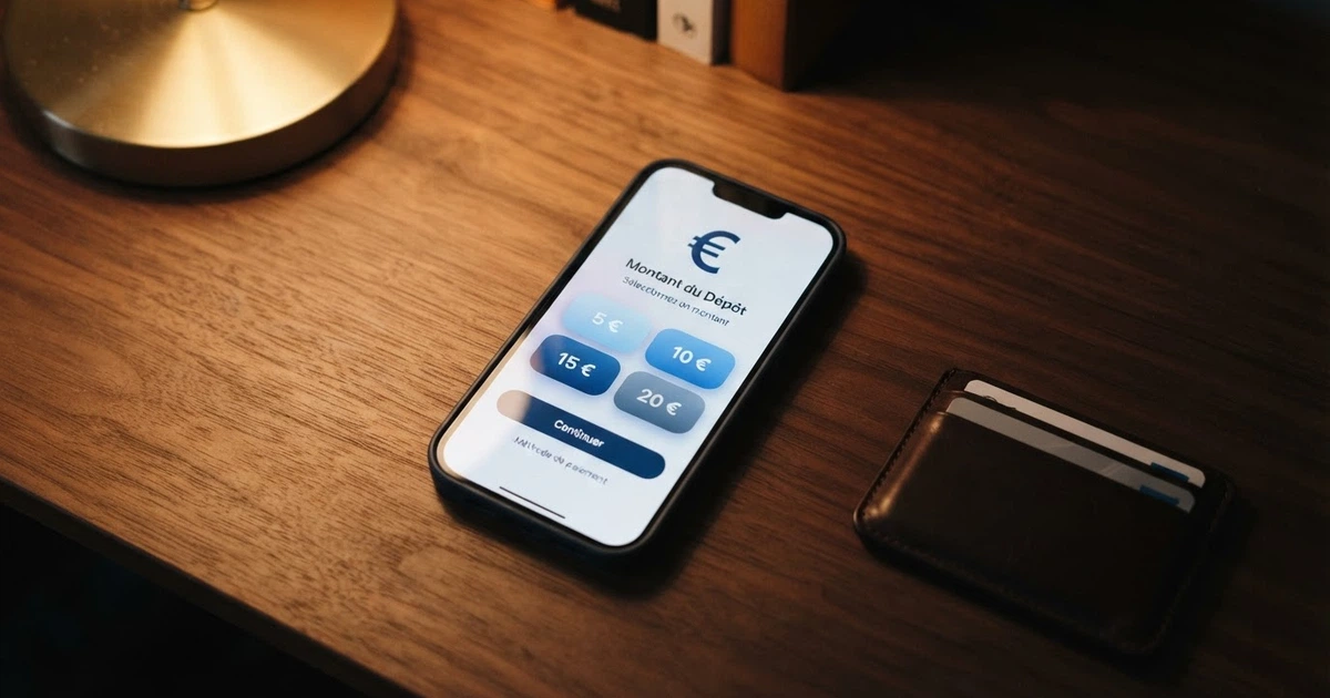 Un écran de smartphone affichant une page de dépôt par carte bancaire sur un casino en ligne, avec les montants 5€, 10€, 15€ et 20€ visibles comme options de sélection