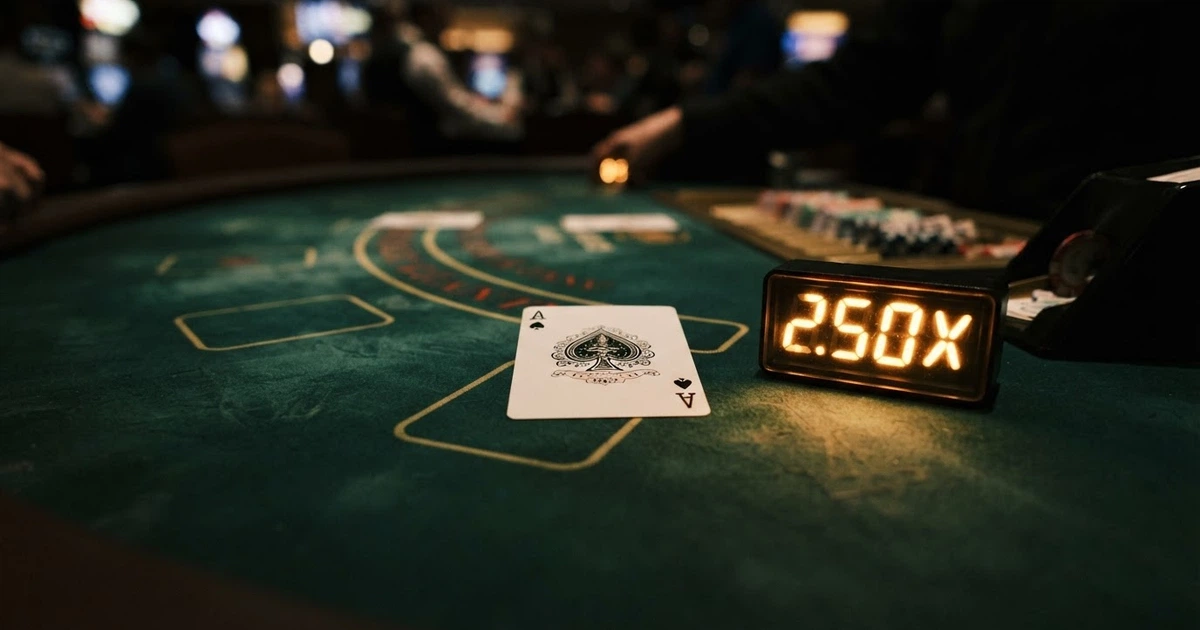 Une carte à jouer retournée sur un tapis de casino vert, à côté d'un multiplicateur affiché en surbrillance