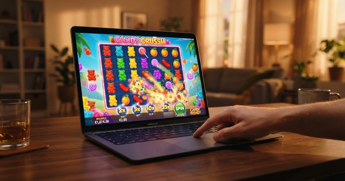 Interface du jeu Sweet Bonanza de Pragmatic Play sur l'écran d'un casino en ligne, avec sa grille 6×5 colorée et ses symboles de bonbons et de fruits