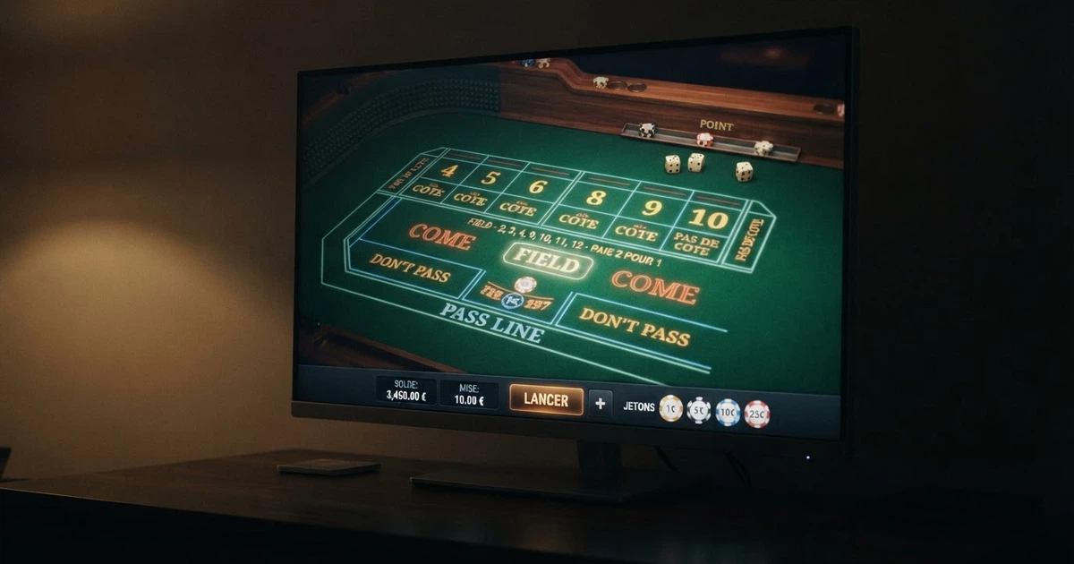 Table de craps en ligne affichée sur un écran, avec ses zones de mise colorées et l'interface de pari d'un casino