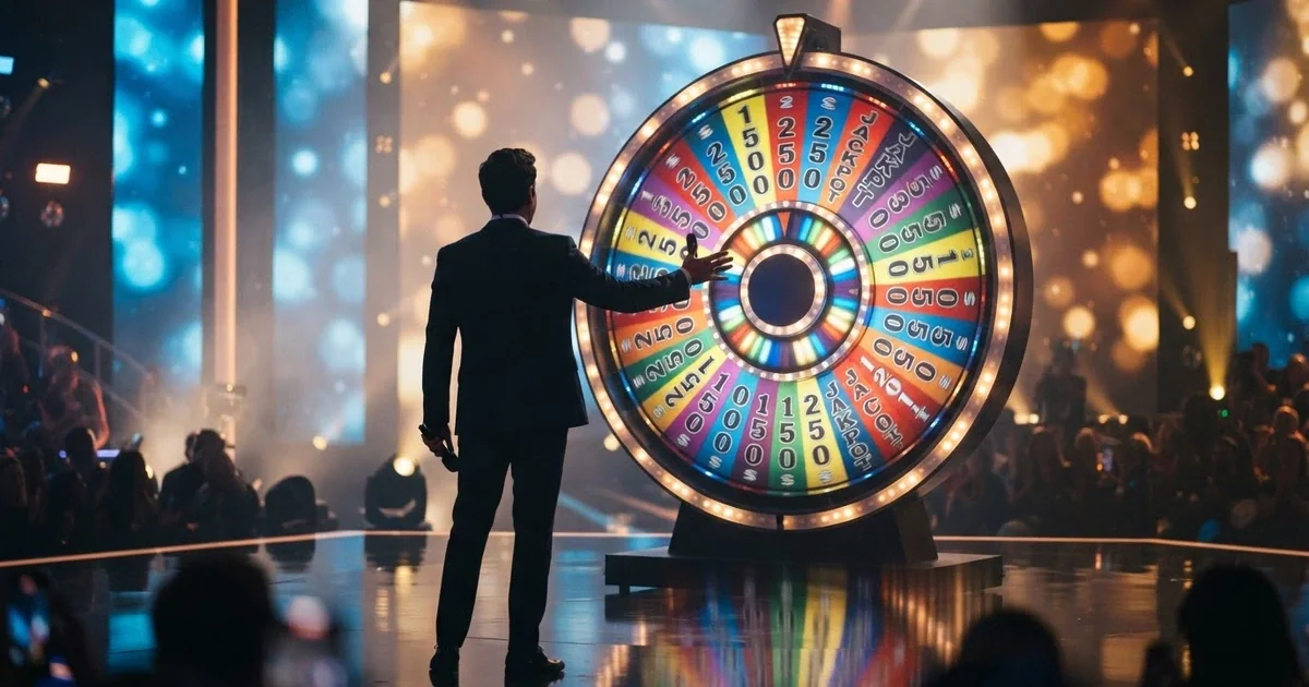 Une roue Crazy Time dans le studio Evolution Gaming, présentateur debout devant l'écran géant, éclairage de plateau télé