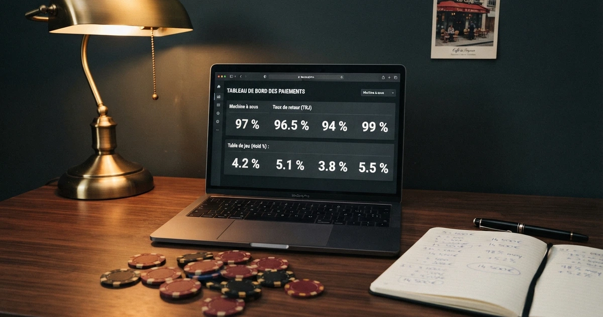 Interface d'un casino en ligne affichant un tableau de taux de redistribution, une calculatrice à côté d'une pile de jetons
