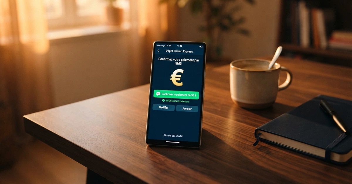 Un téléphone mobile affichant une page de caisse de casino en ligne avec l'option de paiement par SMS sélectionnée