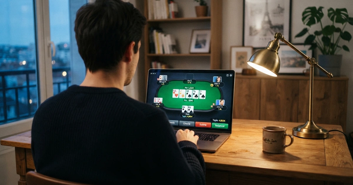 Une table de poker en ligne affichée sur un écran d'ordinateur portable, avec des cartes virtuelles, des jetons numériques et l'interface d'un site de poker agréé ANJ