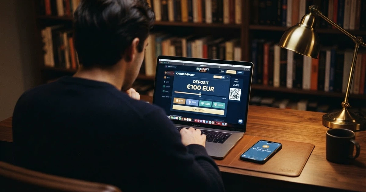 Interface d'un casino en ligne affichant l'option de dépôt en Ethereum, avec le logo de la cryptomonnaie et un portefeuille crypto connecté