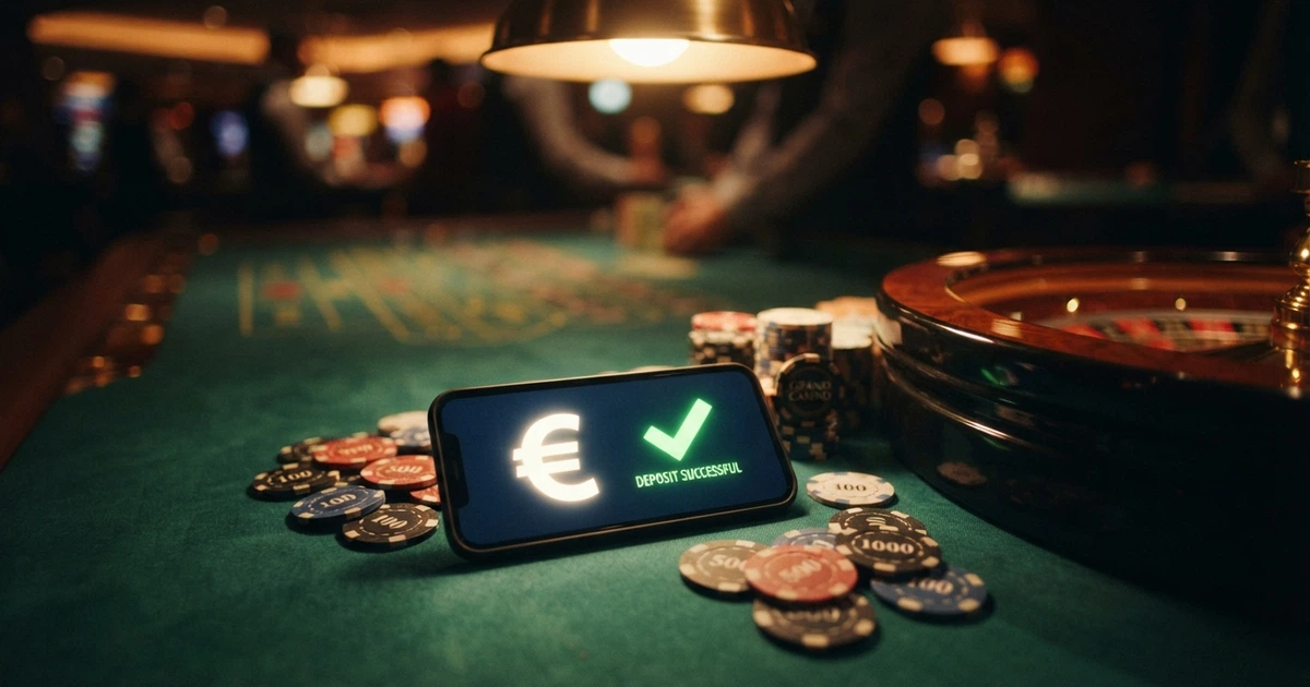 Un smartphone posé sur une table de casino verte, l'écran affichant le logo Google Pay et une confirmation de dépôt