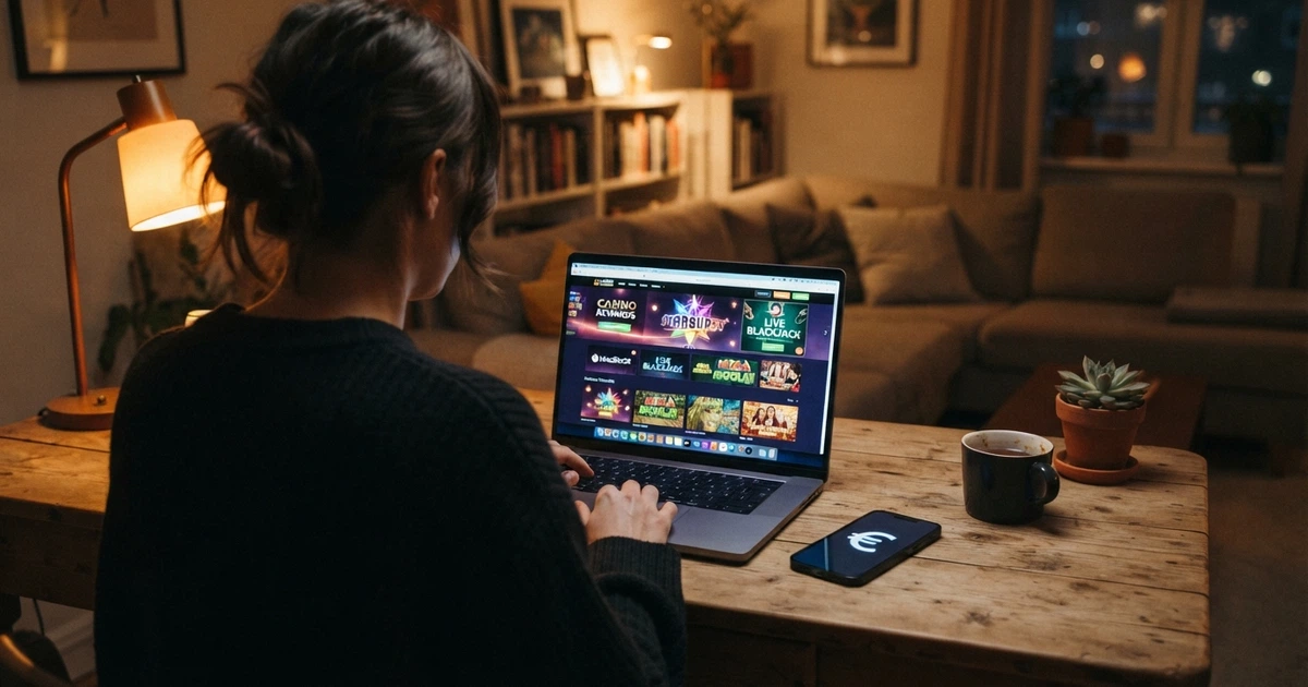 Un joueur français consulte un casino en ligne sur son écran, un téléphone affichant le logo Litecoin posé à côté, dans un salon tamisé