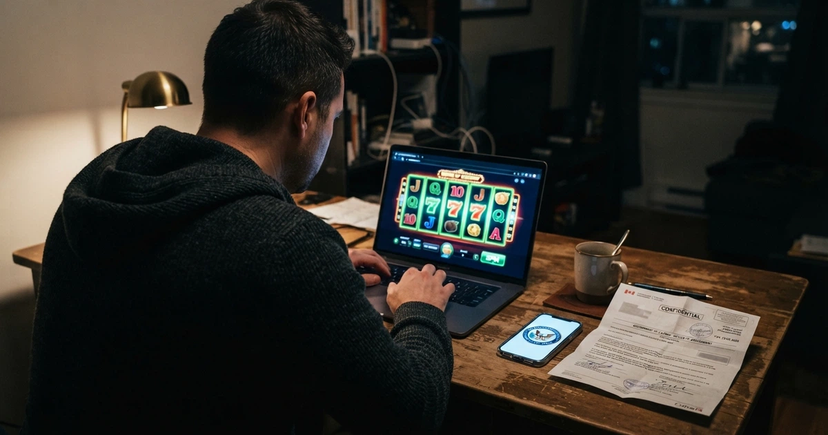 Un joueur français consultant d'un air interrogateur la page d'accueil d'un casino en ligne sur son écran, un document fiscal et un smartphone affichant le logo ANJ posés sur le bureau à côté du clavier