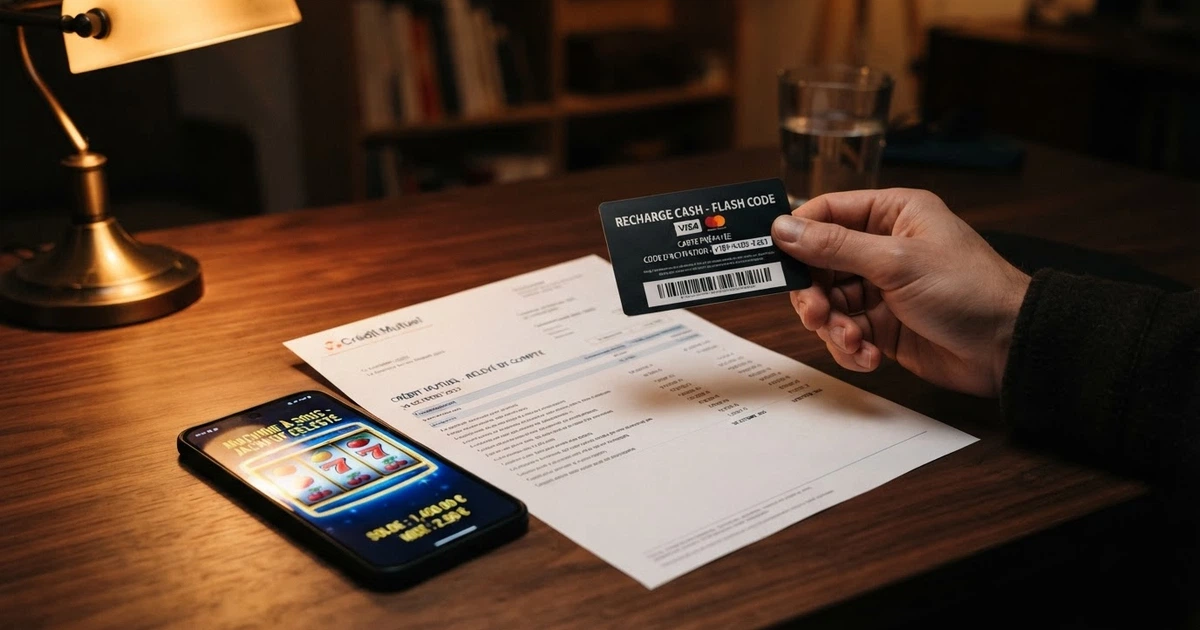 Un RIB français posé à côté d'un écran de smartphone affichant une interface de casino en ligne, une main tenant une carte prépayée en amorce.