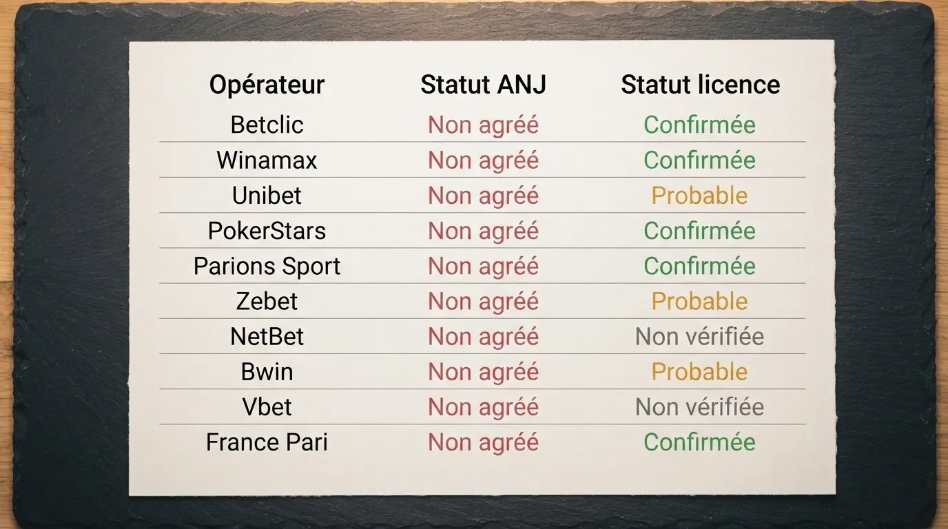 Tableau comparatif listant les 10 casinos en ligne Curaçao évalués, avec leur nom, leur statut juridique en France et les colonnes d'évaluation
