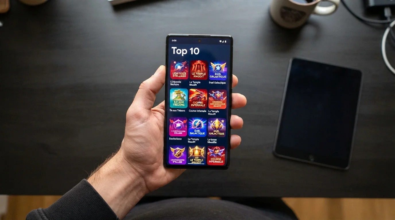 Une main qui fait défiler une liste de logos de casinos sur l'écran d'un smartphone