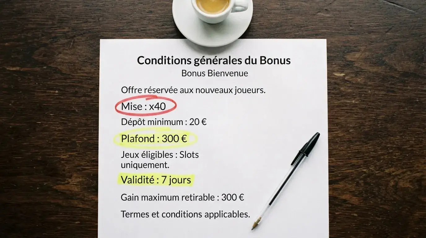 Une fiche de conditions de bonus posée sur une table, avec des termes comme wager, délai et plafond mis en évidence au marqueur