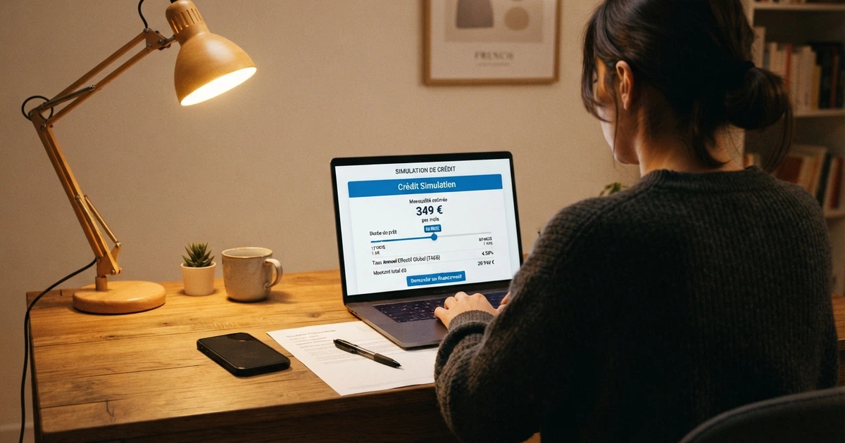 Une personne consultant une simulation de crédit sur un écran, avec une calculette et des documents bancaires à côté