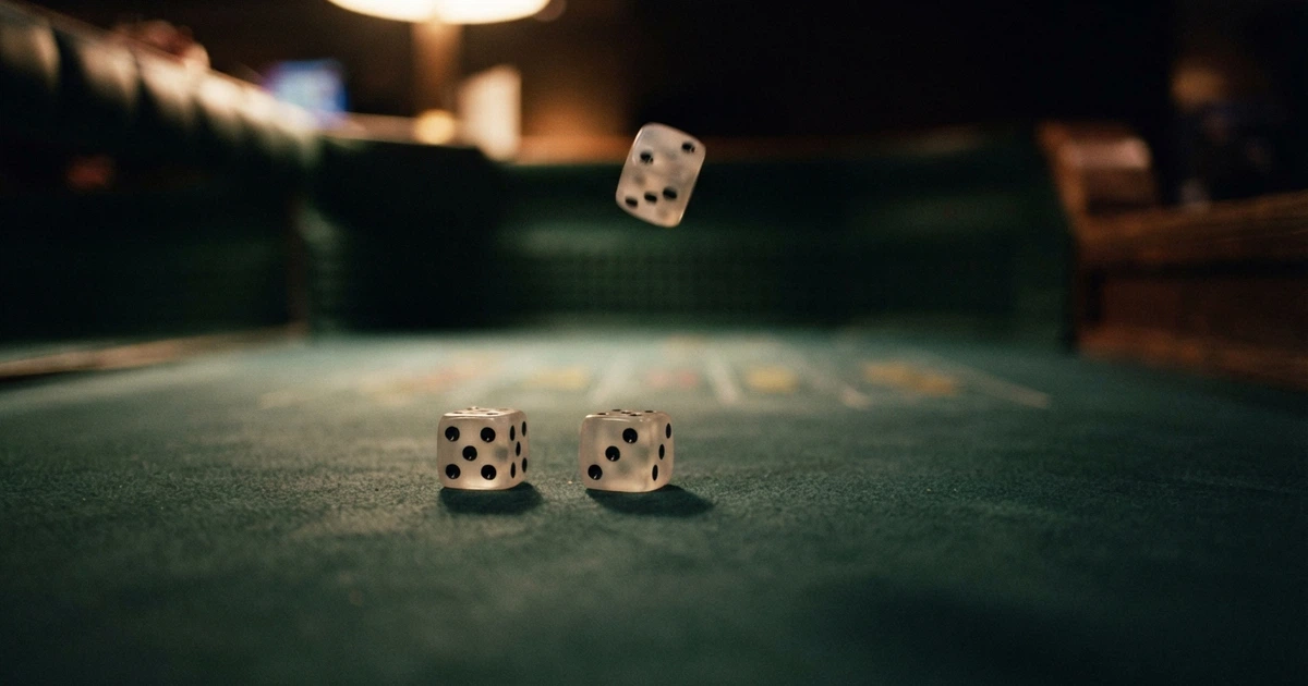 Deux dés blancs sur un tapis vert de casino, un troisième dé en suspens au-dessus de la table, l'arrière-plan montrant la feutrine et les zones de mise