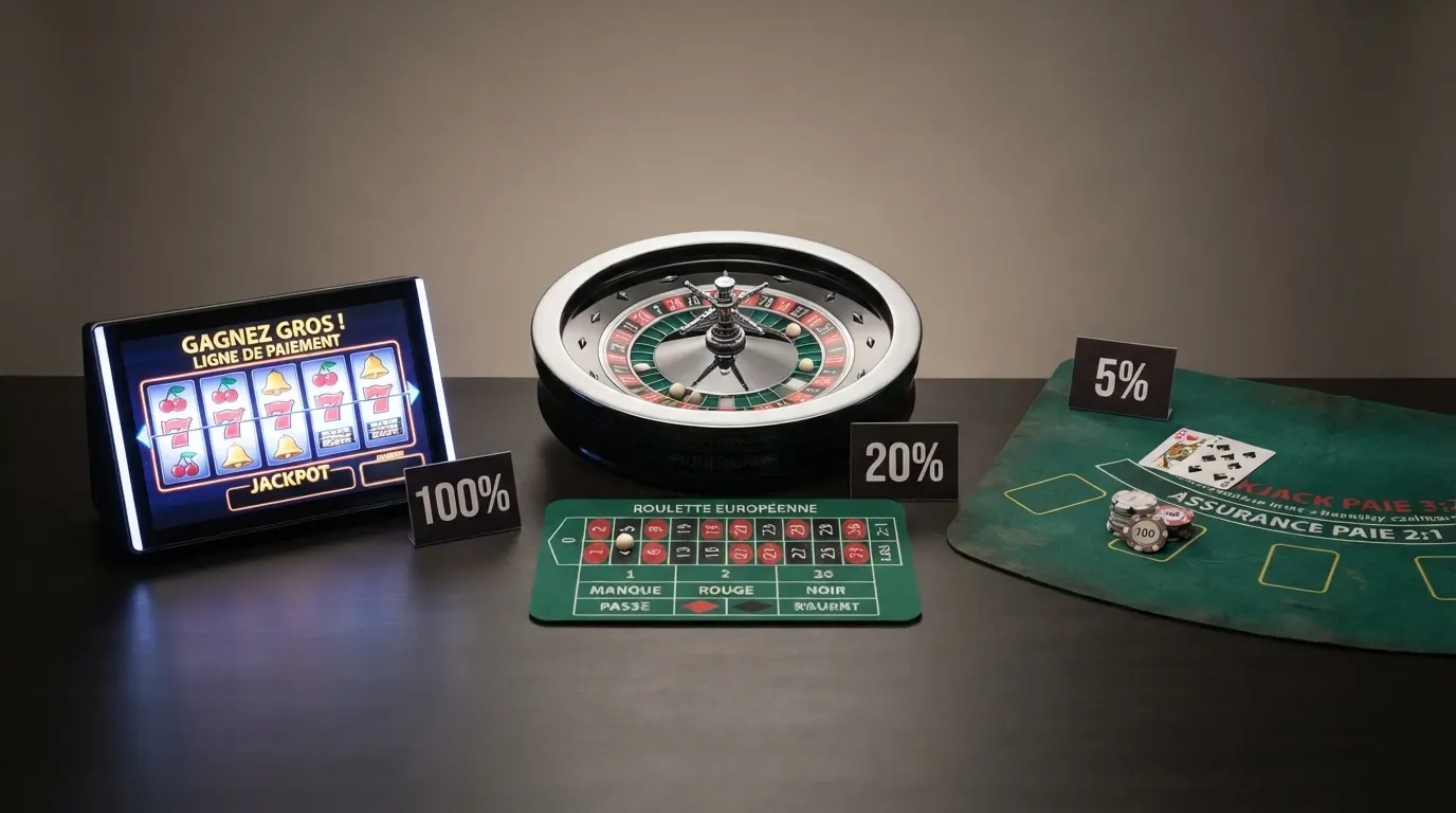 Une roulette, une main de blackjack et une machine à sous disposées en éventail, avec un pourcentage de contribution au wagering superposé sur chaque jeu