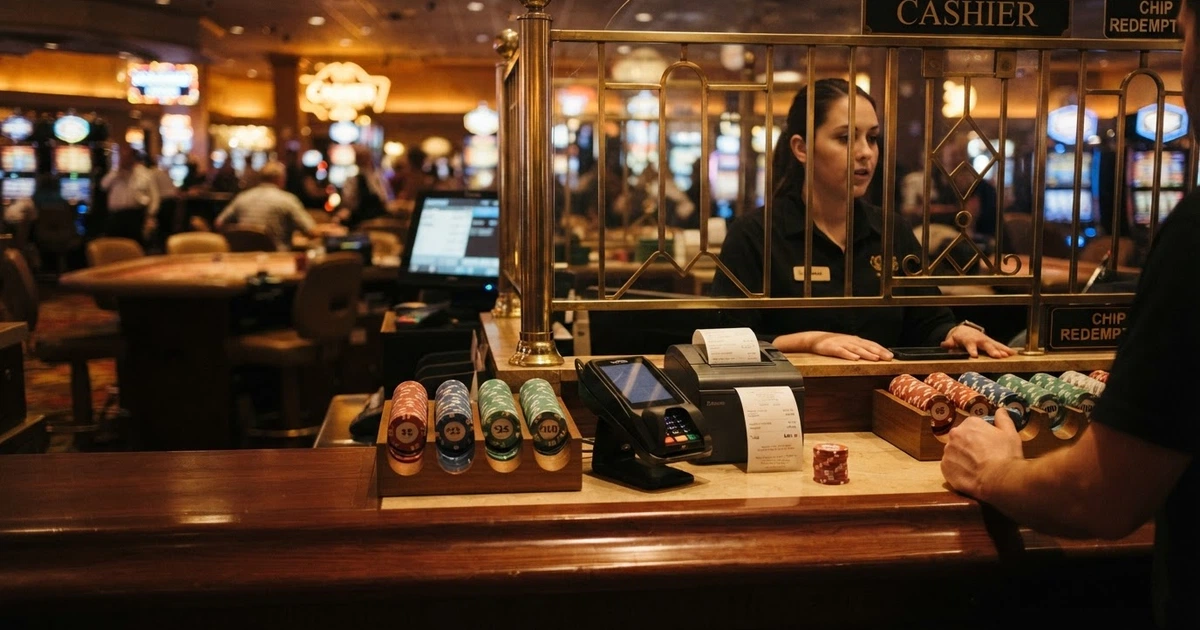 Un guichet de caisse de casino terrestre avec des billets en euros, des jetons et un terminal de paiement