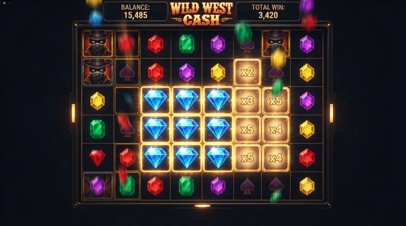 Gros plan sur la grille 6×5 de Le Bandit montrant un cluster de symboles adjacents avec multiplicateurs et cases Golden Squares activées