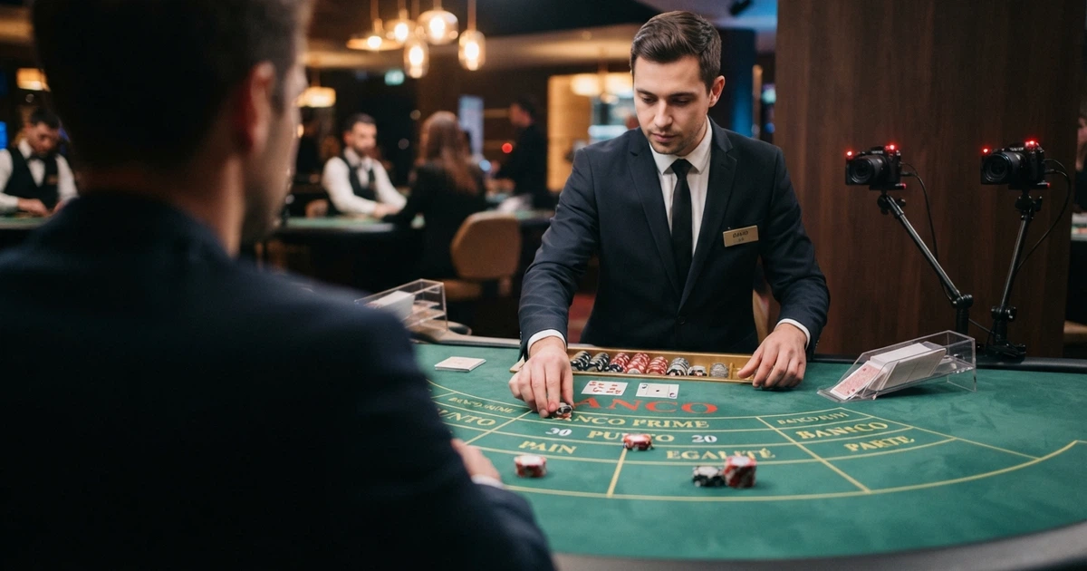 Table de punto banco avec croupier en direct filmée en plan large, les trois zones de mise visibles