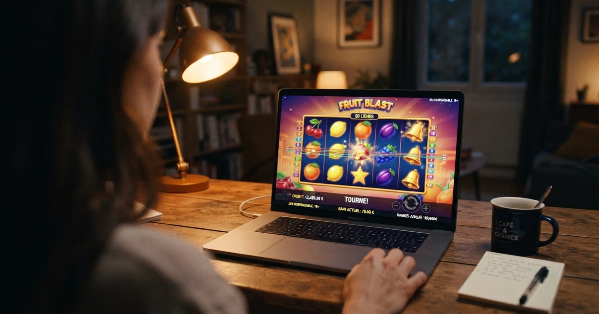 Machine à sous en mode démonstration affichant cinq rouleaux, des symboles colorés et un compteur de crédits fictifs dans l'interface d'un navigateur