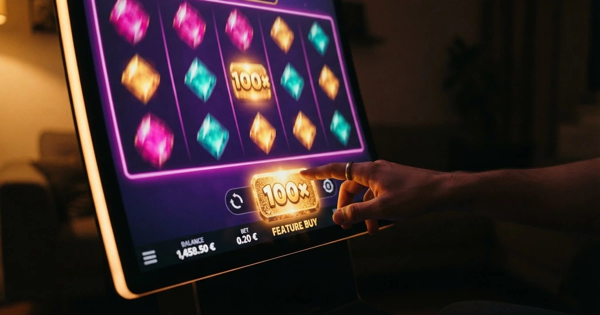 Une interface de machine à sous en ligne affichant le bouton d'achat bonus avec son coût en multiple de la mise, sur fond de rouleaux colorés.