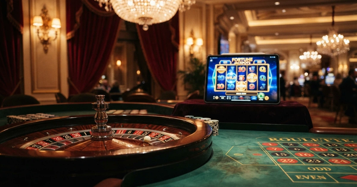 Une salle de casino partagée entre un tapis de roulette en premier plan et un écran de casino en ligne allumé en arrière-plan, symbolisant les deux visages du jeu pour un joueur français