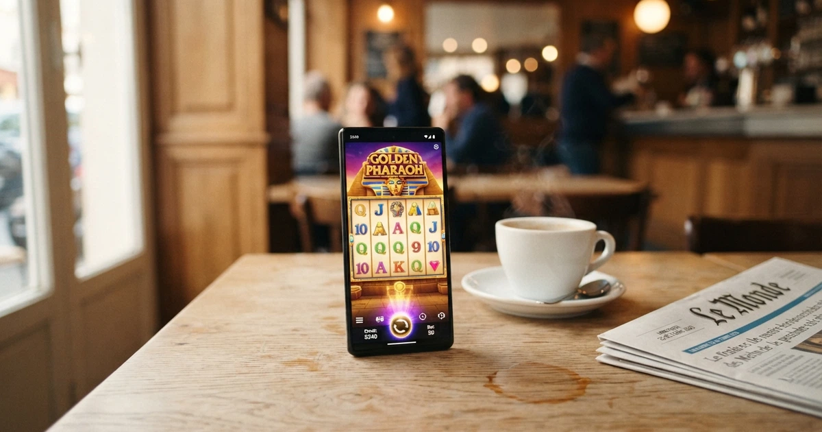 Un téléphone Android affichant l'interface mobile d'un casino en ligne dans le navigateur Chrome, posé sur une table à côté d'un café