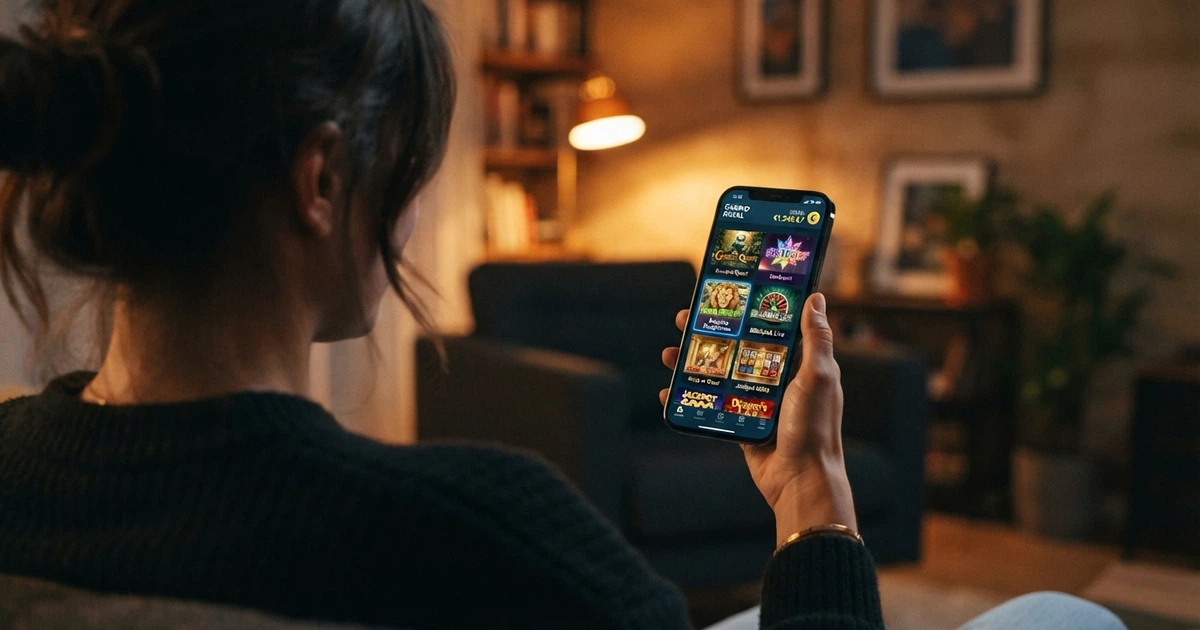 Écran d'iPhone affichant la page d'accueil d'un casino en ligne avec sa grille de jeux et ses offres de bonus