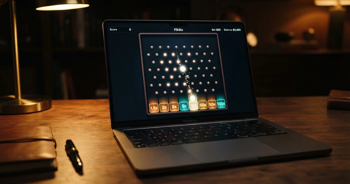 Une bille de Plinko tombant à travers un tableau de chevilles colorées sur l'écran d'un casino en ligne, avec des multiplicateurs visibles en bas des slots