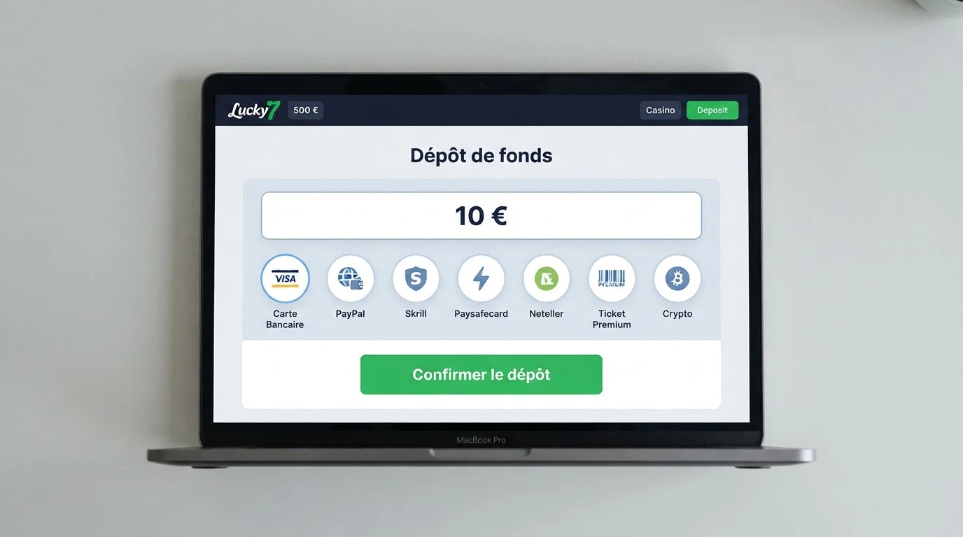 Écran de dépôt d'un casino en ligne présentant les icônes des méthodes de paiement — Visa, Mastercard, PayPal, Skrill, Paysafecard, Neosurf et Bitcoin — avec un champ de montant affichant 10 euros