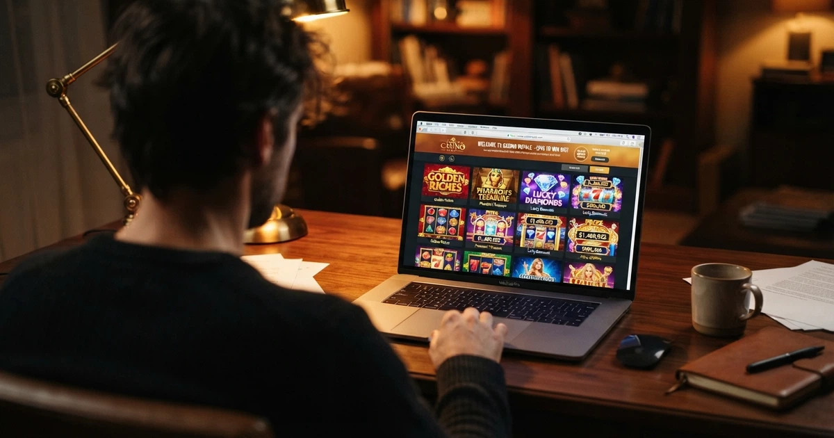 Page d'accueil d'un casino en ligne affichant une grille de machines à sous colorées, un bandeau de bonus de bienvenue en haut de l'écran, et un cadenas de sécurité dans la barre d'adresse du navigateur