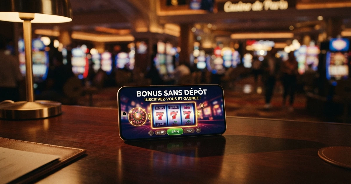 Interface d'un nouveau casino en ligne affichant une bannière de bonus sans dépôt, machines à sous en fond