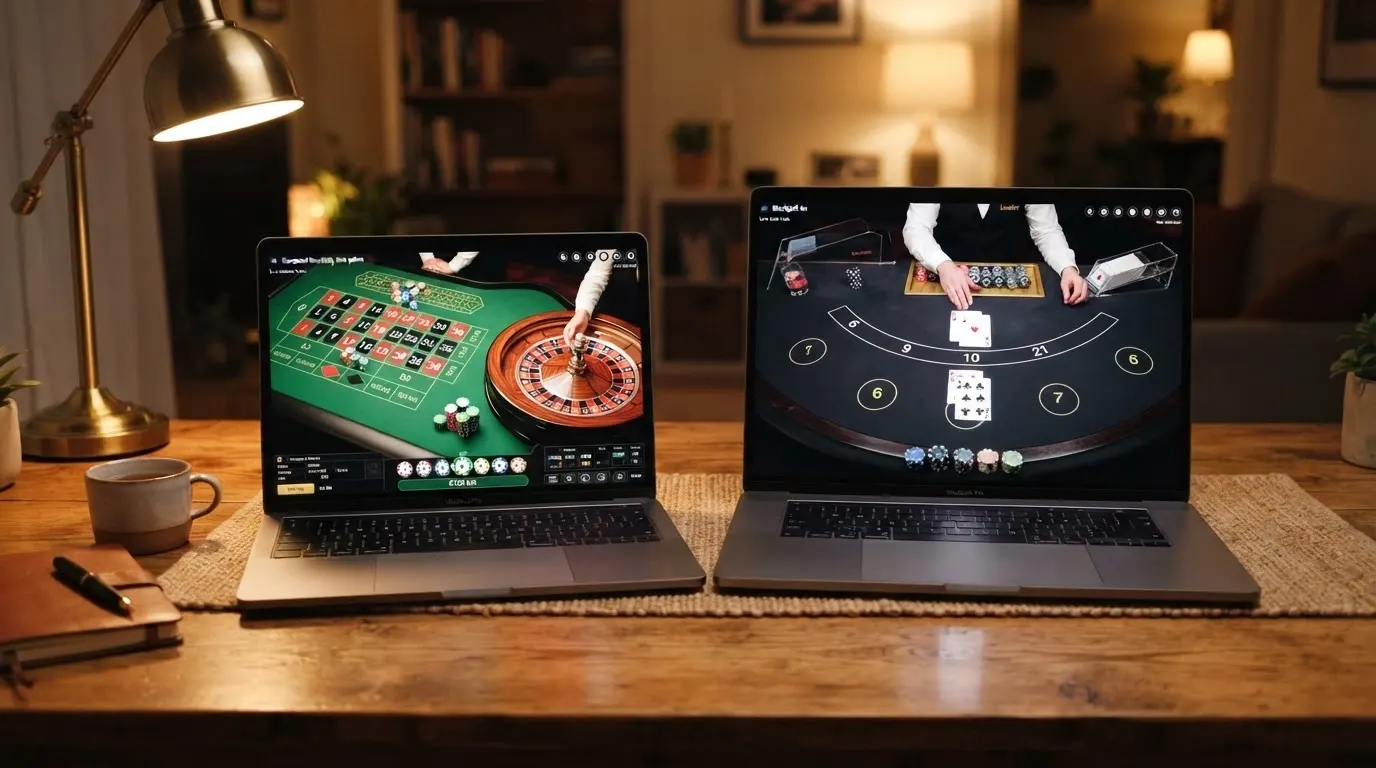 Écran partagé montrant l'interface de deux casinos en direct avec croupier, tables de roulette et blackjack visibles côte à côte