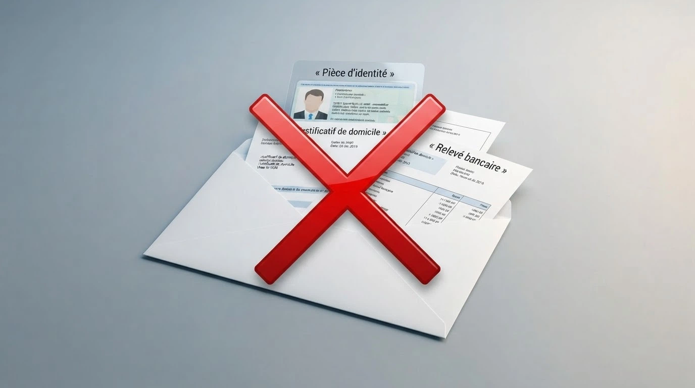 Une enveloppe ouverte laissant dépasser une carte d'identité, un justificatif de domicile et un RIB, barrés d'une croix rouge