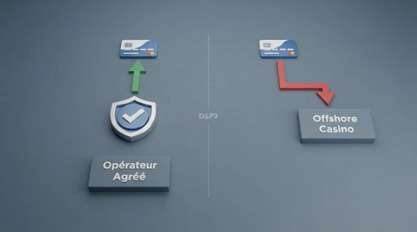 Schéma simplifié du parcours d'un paiement carte bancaire : avec authentification forte SCA (flèche verte vers opérateur agréé) et sans SCA (flèche rouge vers casino offshore)