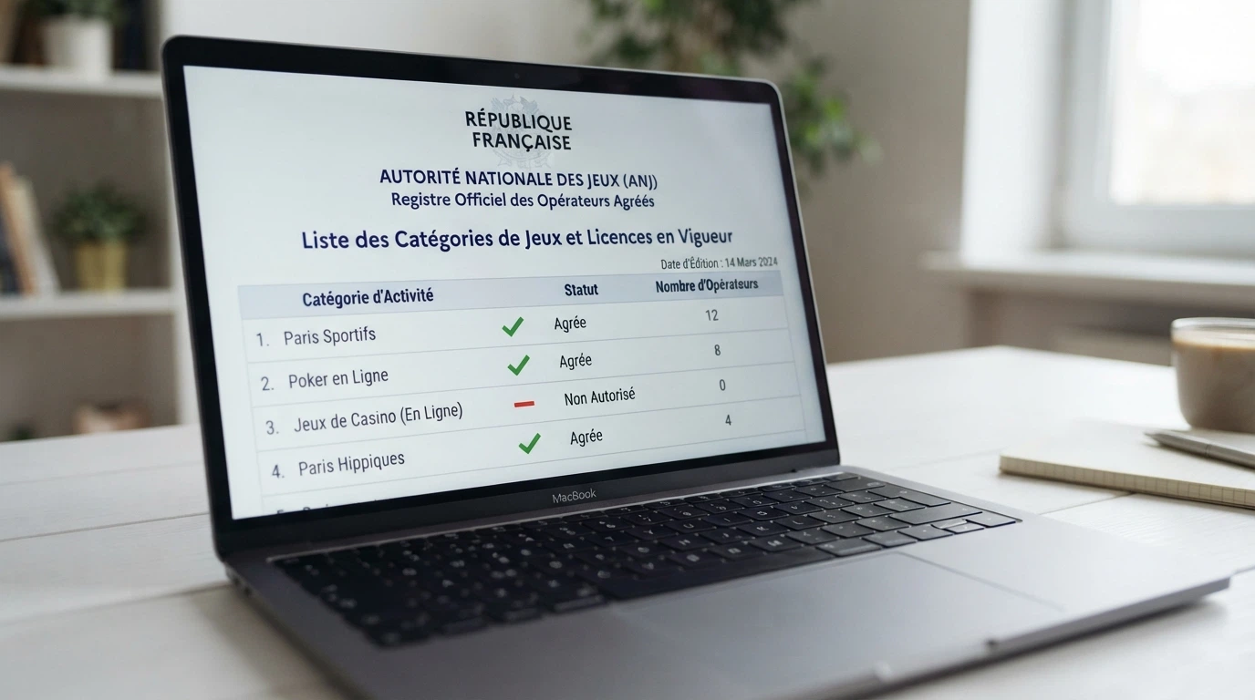 Capture d'écran du registre des opérateurs agréés de l'ANJ affichant les licences de paris sportifs et de poker, sans aucune licence de casino en ligne