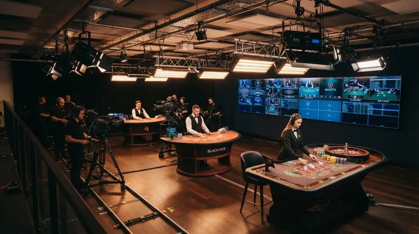 Salle de studio Evolution Gaming avec plusieurs tables de jeu en direct, éclairage professionnel et écrans