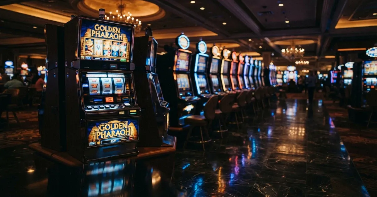 Une rangée de machines à sous lumineuses dans une salle de casino, écrans colorés affichant des rouleaux en mouvement.